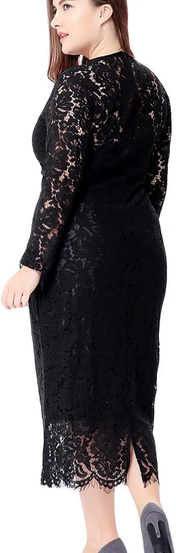 Eternatastic Women's Floral Lace Long Sleeve Plus Size Lace Dress Black