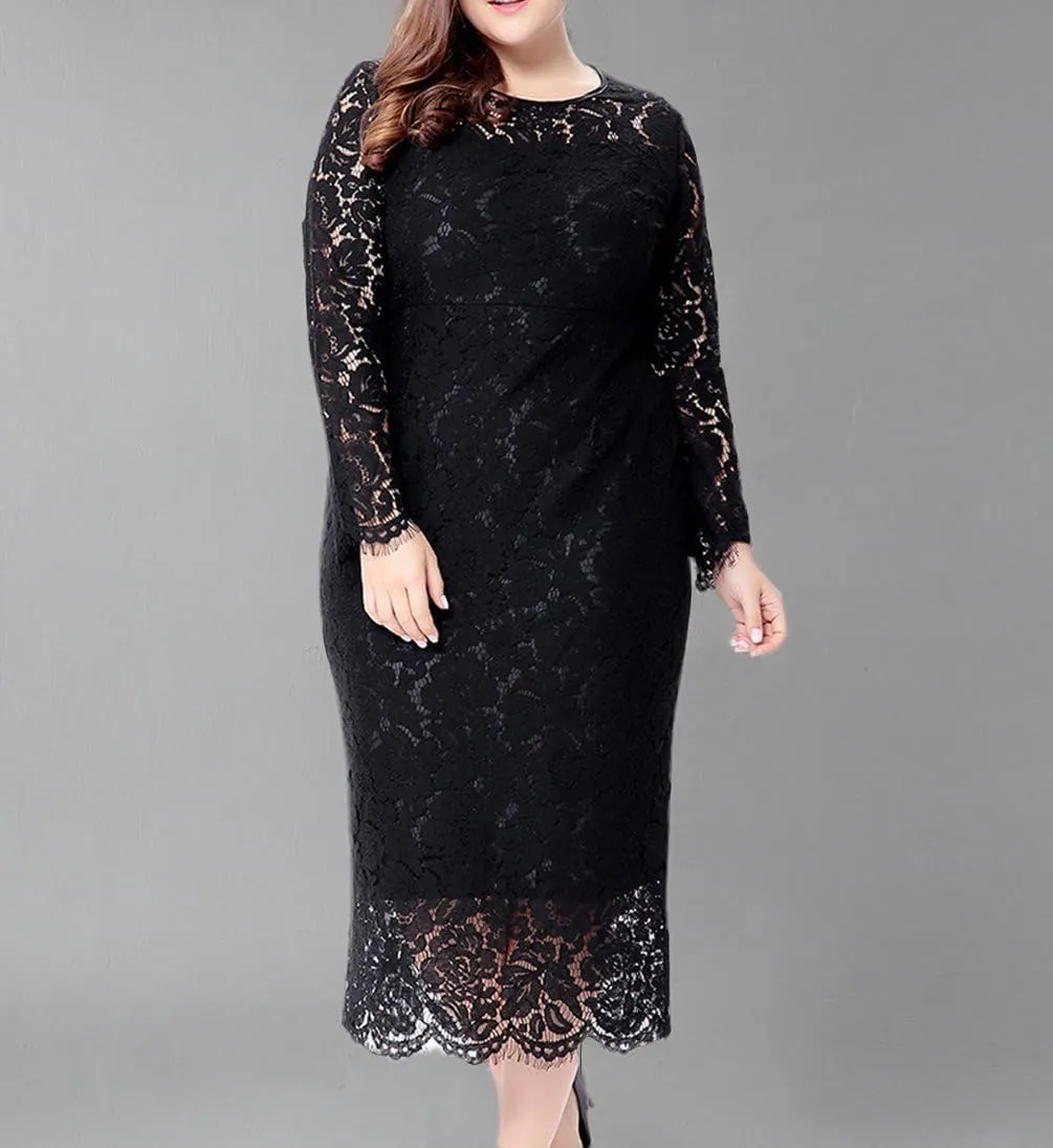 Eternatastic Women's Floral Lace Long Sleeve Plus Size Lace Dress Black