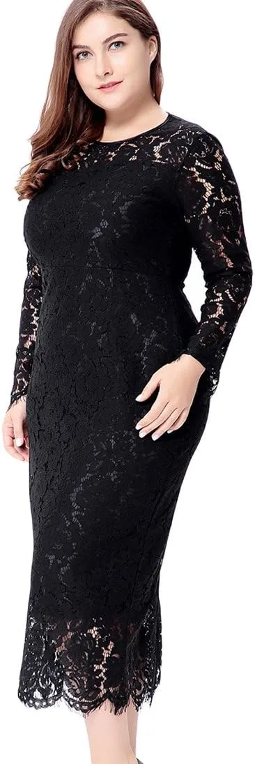 Eternatastic Women's Floral Lace Long Sleeve Plus Size Lace Dress Black