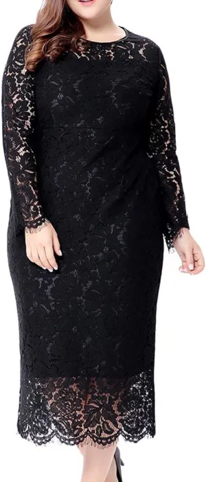 Eternatastic Women's Floral Lace Long Sleeve Plus Size Lace Dress Black