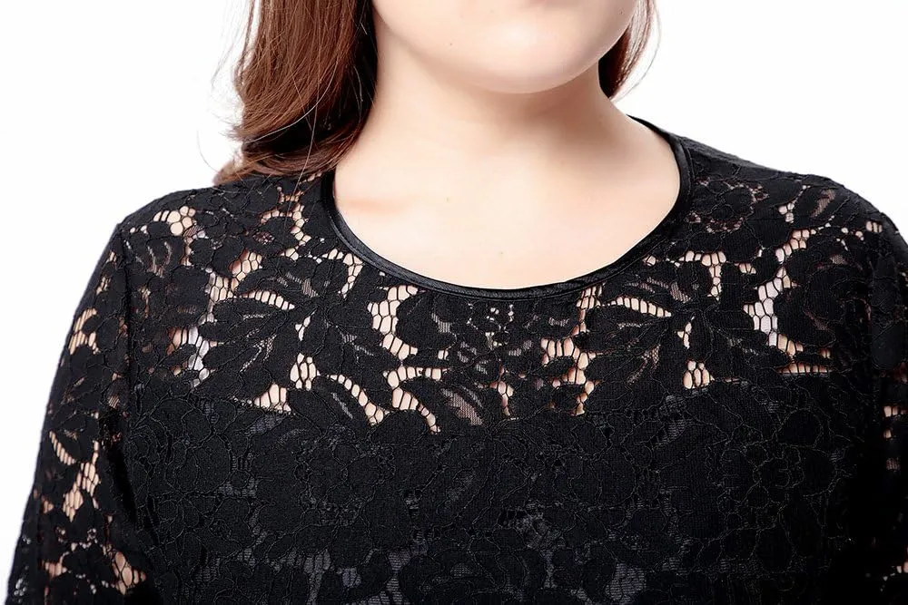 Eternatastic Women's Floral Lace Long Sleeve Plus Size Lace Dress Black