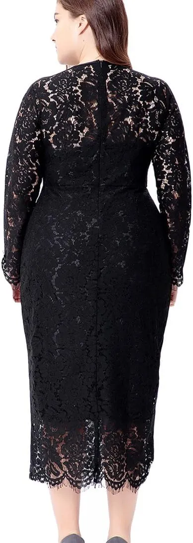 Eternatastic Women's Floral Lace Long Sleeve Plus Size Lace Dress Black