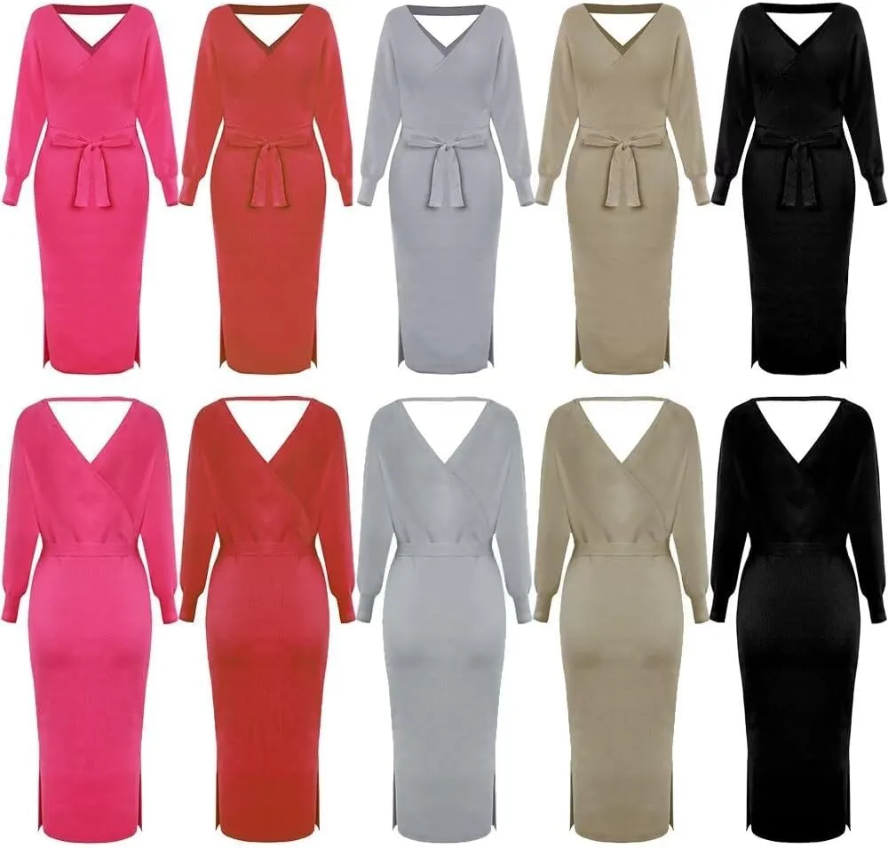 Fall Wedding Guest Dresses for Women Batwing Open Back Dress for Women Wrap Knit Sweater Maxi Dress with Belt