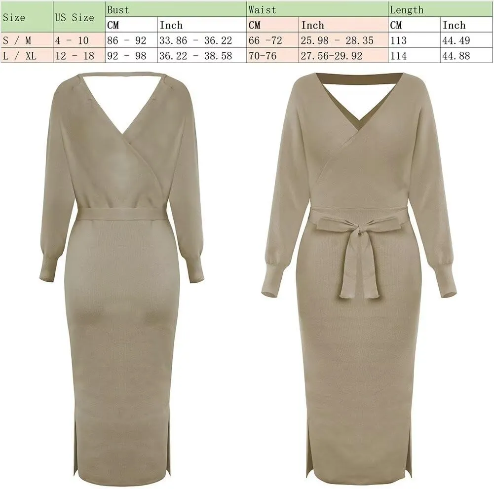 Fall Wedding Guest Dresses for Women Batwing Open Back Dress for Women Wrap Knit Sweater Maxi Dress with Belt