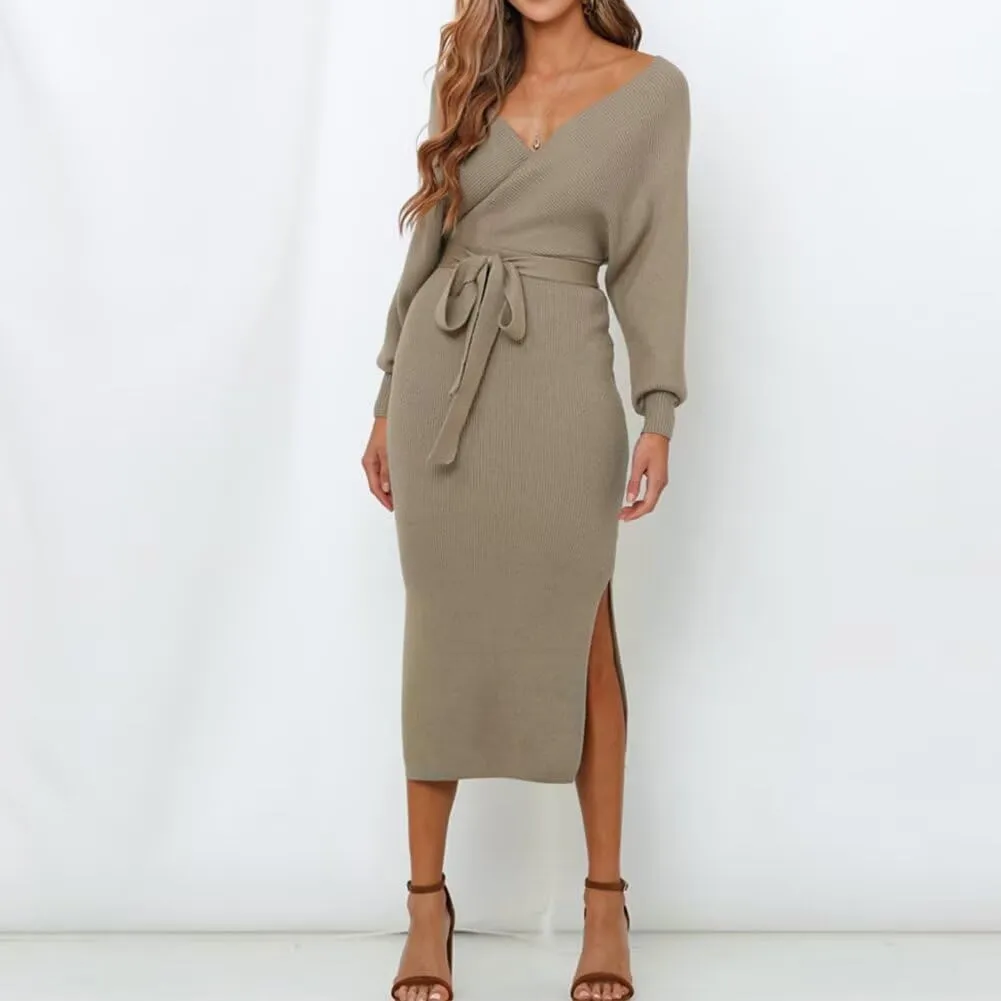 Fall Wedding Guest Dresses for Women Batwing Open Back Dress for Women Wrap Knit Sweater Maxi Dress with Belt
