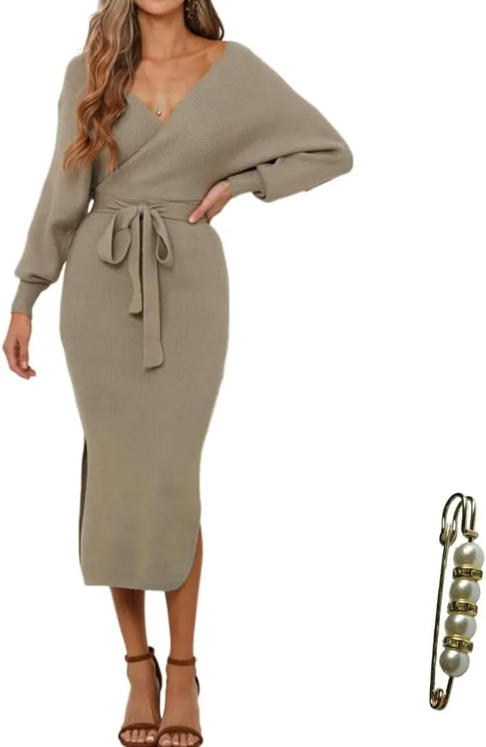 Fall Wedding Guest Dresses for Women Batwing Open Back Dress for Women Wrap Knit Sweater Maxi Dress with Belt