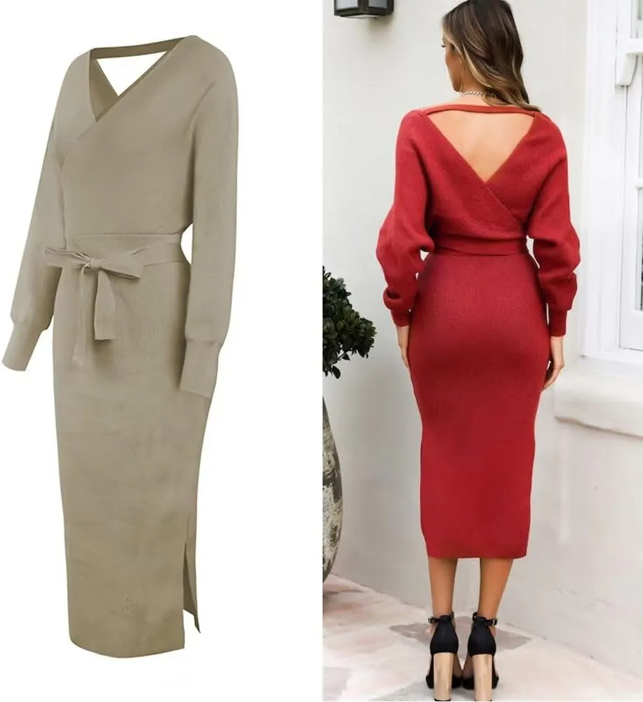 Fall Wedding Guest Dresses for Women Batwing Open Back Dress for Women Wrap Knit Sweater Maxi Dress with Belt