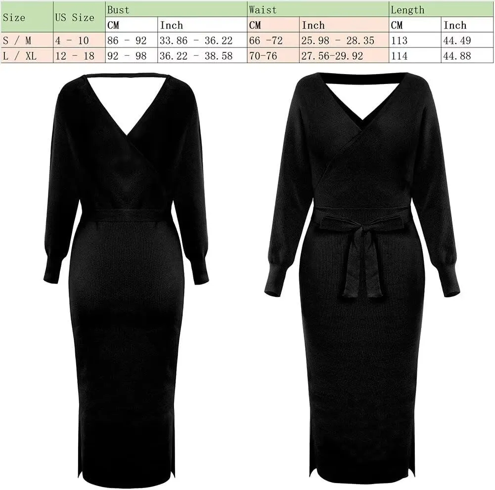 Fall Wedding Guest Dresses for Women Batwing Open Back Dress for Women Wrap Knit Sweater Maxi Dress with Belt