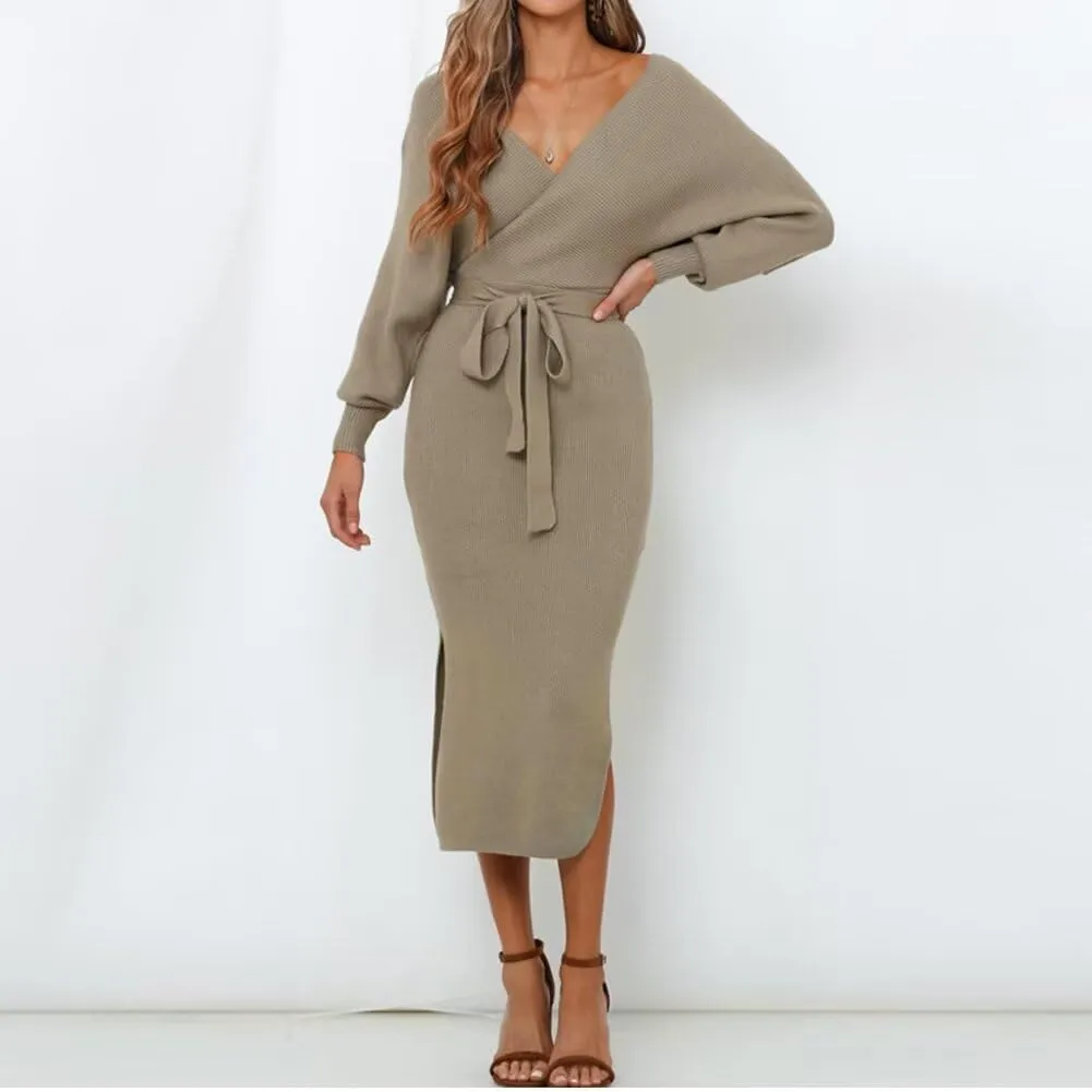 Fall Wedding Guest Dresses for Women Batwing Open Back Dress for Women Wrap Knit Sweater Maxi Dress with Belt