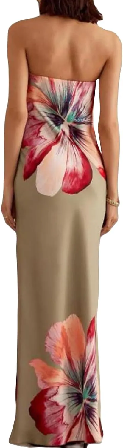 Faretumiya Womens Bohemian Floral Printed Tube Maxi Dress Strapless Off The Shoulder Flowy Boho Loose Beach Long Dress