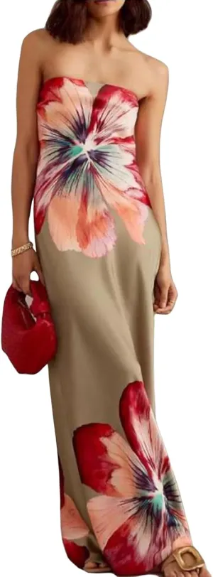 Faretumiya Womens Bohemian Floral Printed Tube Maxi Dress Strapless Off The Shoulder Flowy Boho Loose Beach Long Dress