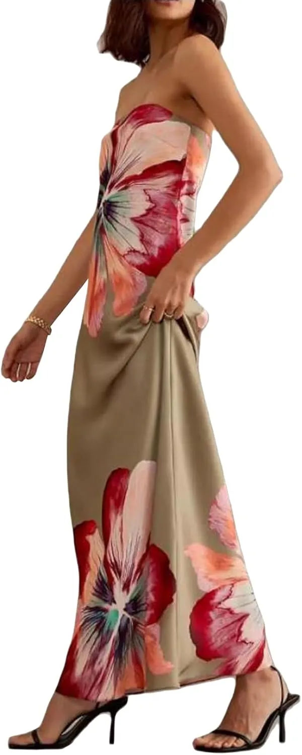 Faretumiya Womens Bohemian Floral Printed Tube Maxi Dress Strapless Off The Shoulder Flowy Boho Loose Beach Long Dress
