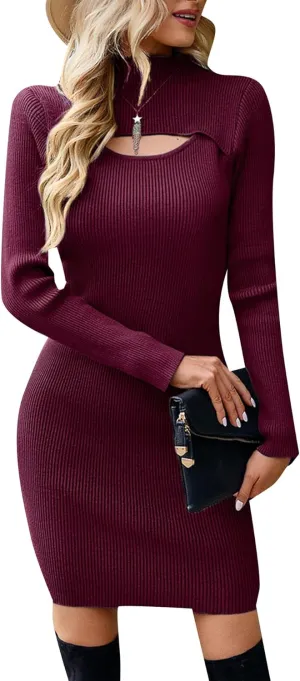 FLITAY Women Winter Knee Length Pencil Dress Turtleneck Cable Knit Dress Long Sleeve Bodycon Dress