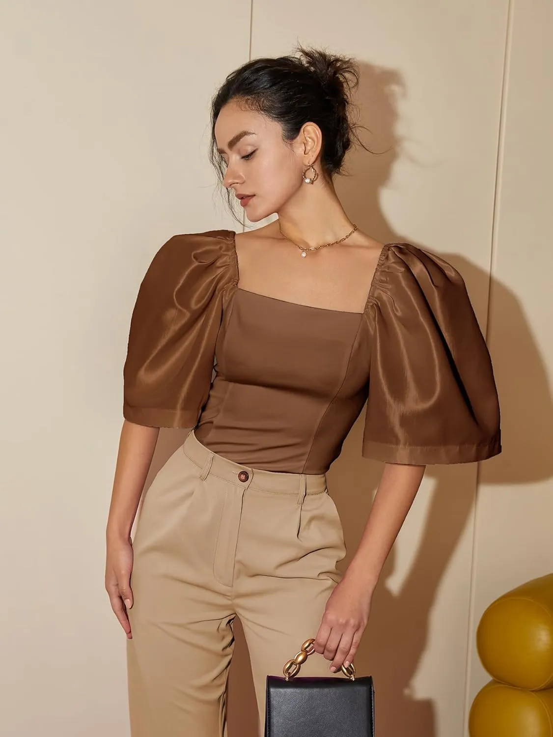 Floerns Women's Square Neck Puff Short Sleeve Elegant Blouse Crop Top