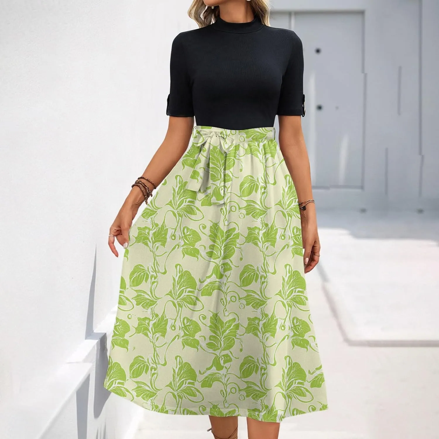 Floral Dresses Flowy Short Sleeve Empire Waist Summer Crewneck Midi Length Fashion Belted Sundresses for Women