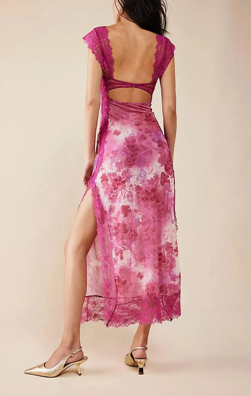 Floral Lace Maxi Slip Dress Summer Sleeveless Backless Bodycon Dress Cut Out Spaghetti Strap Long Dress