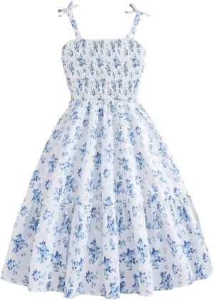 Floral Print Smocked Dress, White with Flower, Princess Style