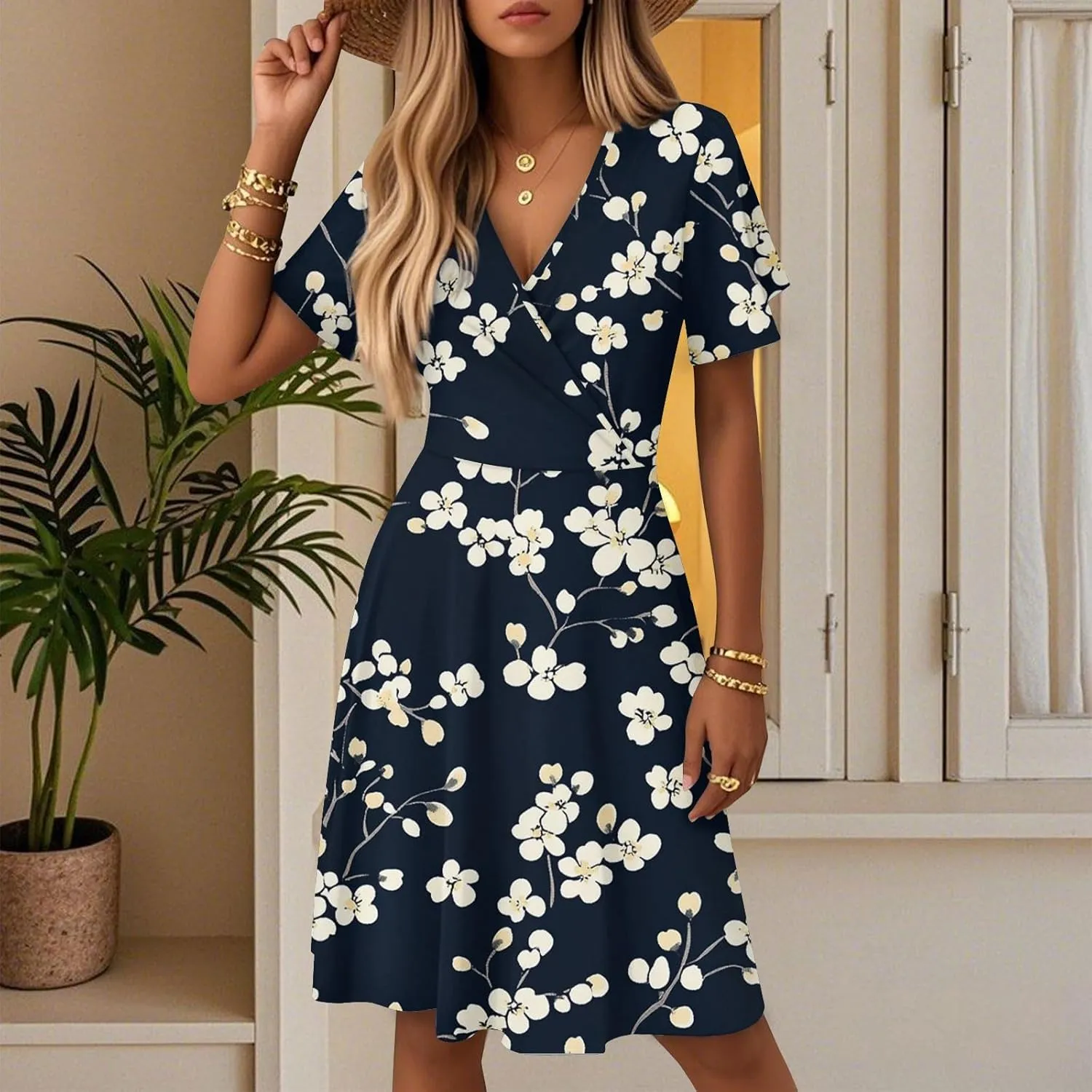 Flower Dresses for Women 2025 Casual Summer Flutter Sleeve Wrap V Neck Knee Length Dress Formal Wedding Guest Dress
