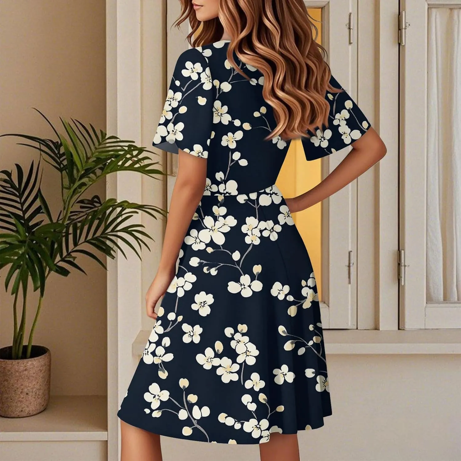 Flower Dresses for Women 2025 Casual Summer Flutter Sleeve Wrap V Neck Knee Length Dress Formal Wedding Guest Dress