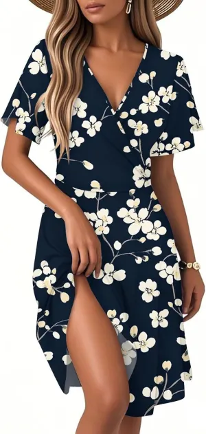 Flower Dresses for Women 2025 Casual Summer Flutter Sleeve Wrap V Neck Knee Length Dress Formal Wedding Guest Dress