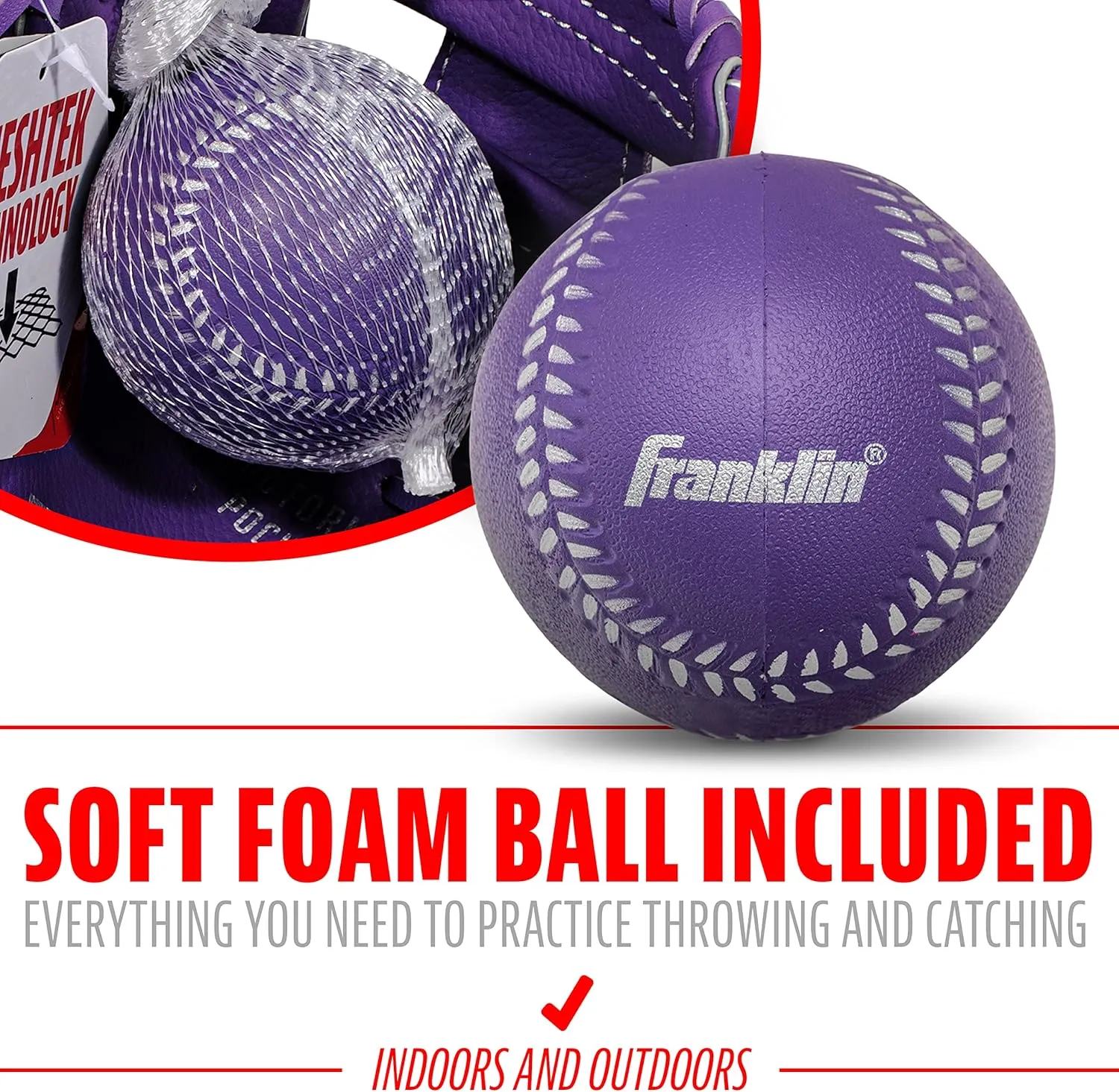 Franklin Sports Kids Baseball Glove   Ball Sets - Meshtek Youth Teeball Gloves for Kids   Toddlers - Left   Right Hand Throw Mitts   Glove Sets with Foam Balls - Boys   Girls Gloves - 9.5" Inch