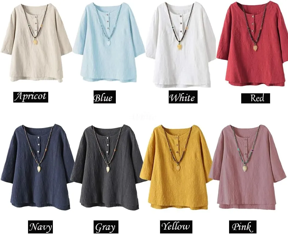 FTCayanz Women's Linen Tops Shirts Summer Casual Jacquard Tunic Blouse