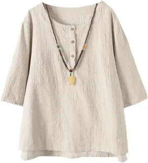 FTCayanz Women's Linen Tops Shirts Summer Casual Jacquard Tunic Blouse
