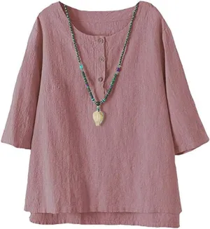 FTCayanz Women's Linen Tops Shirts Summer Casual Jacquard Tunic Blouse