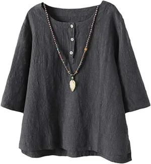 FTCayanz Women's Linen Tops Shirts Summer Casual Jacquard Tunic Blouse