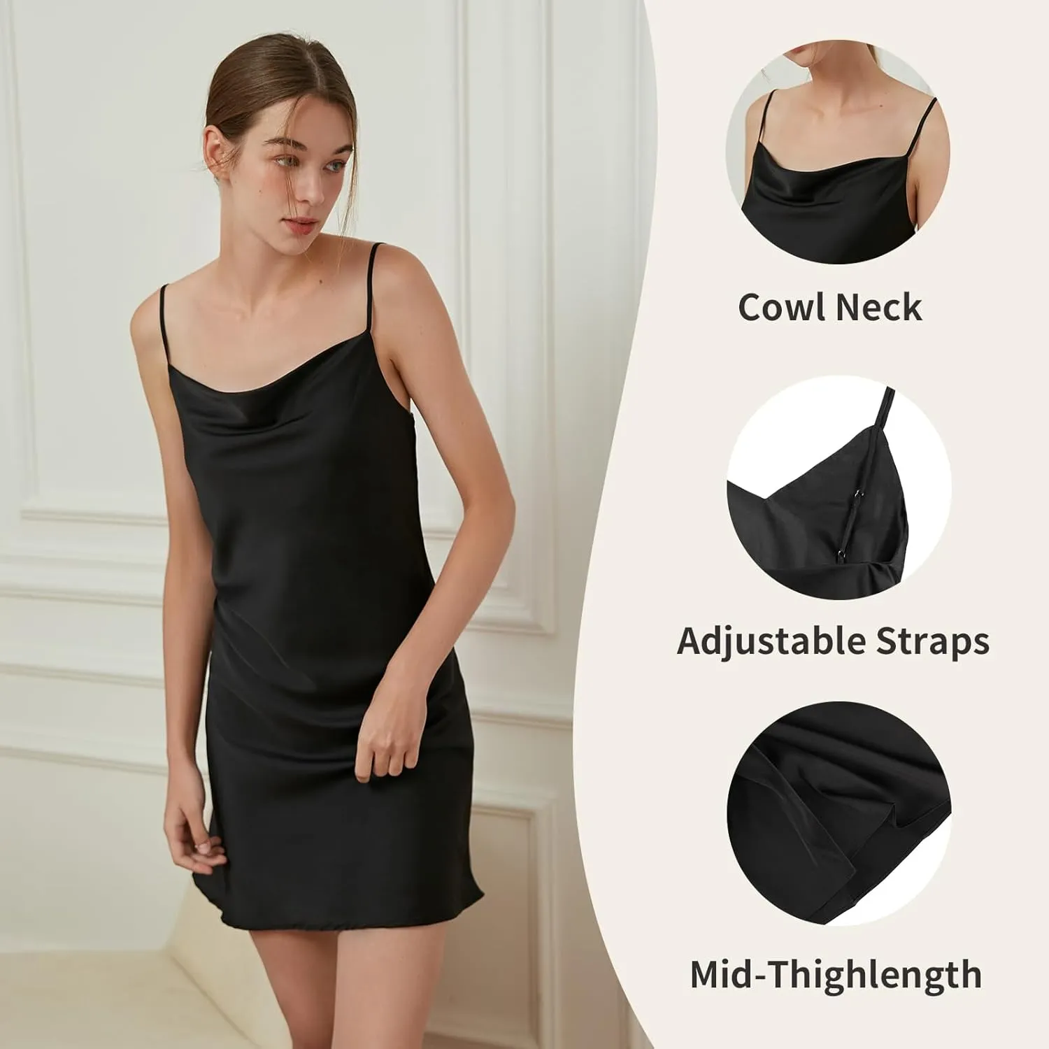 Full Slip Dress for Women,Cowl Neck Under Dress Adjustable Spaghetti Strap Satin Dress