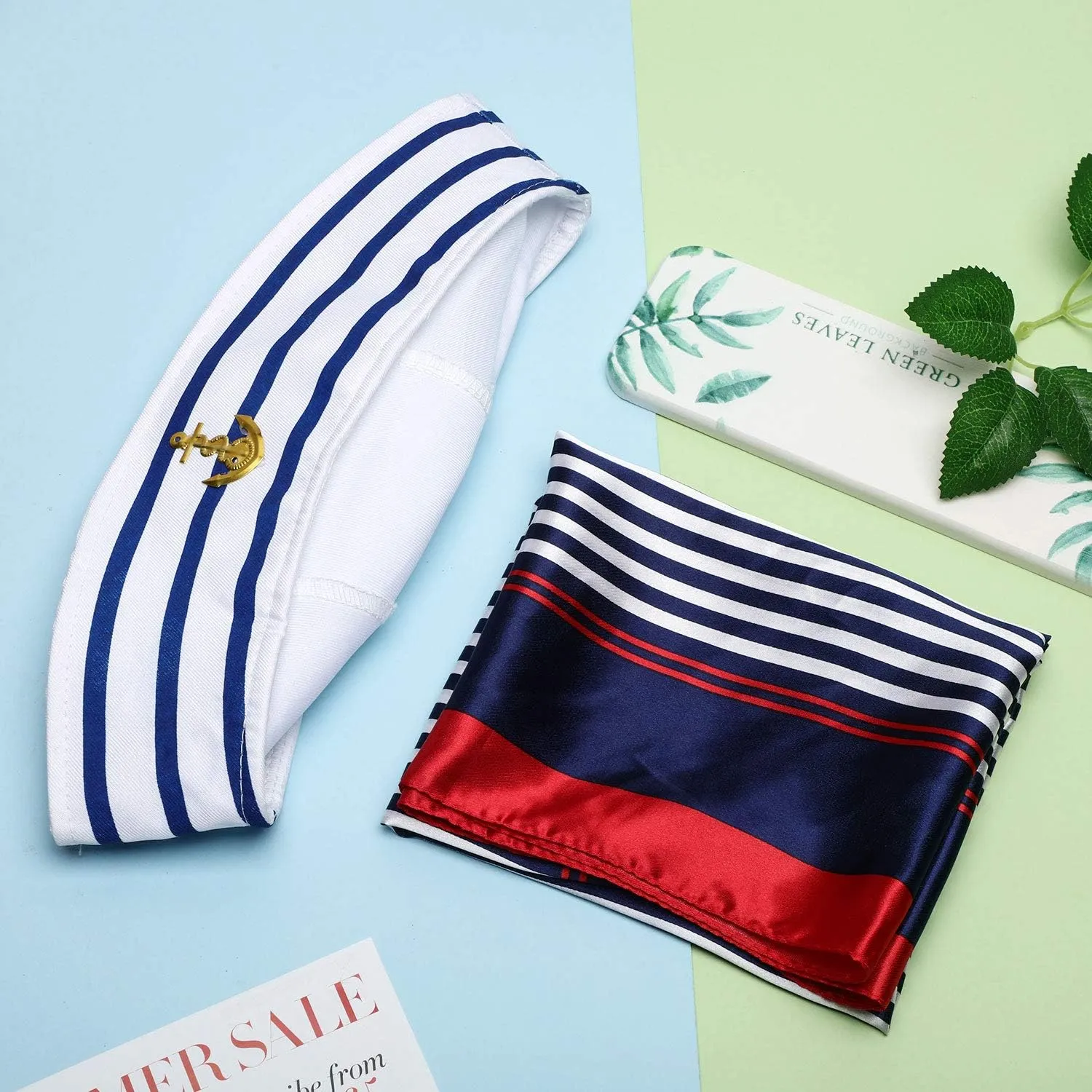 Geyoga Sailor Hat and Scarf Set for Women Men Sailor Outfit with White Sailor Cap Captain Hat Scarf for Costume Accessory
