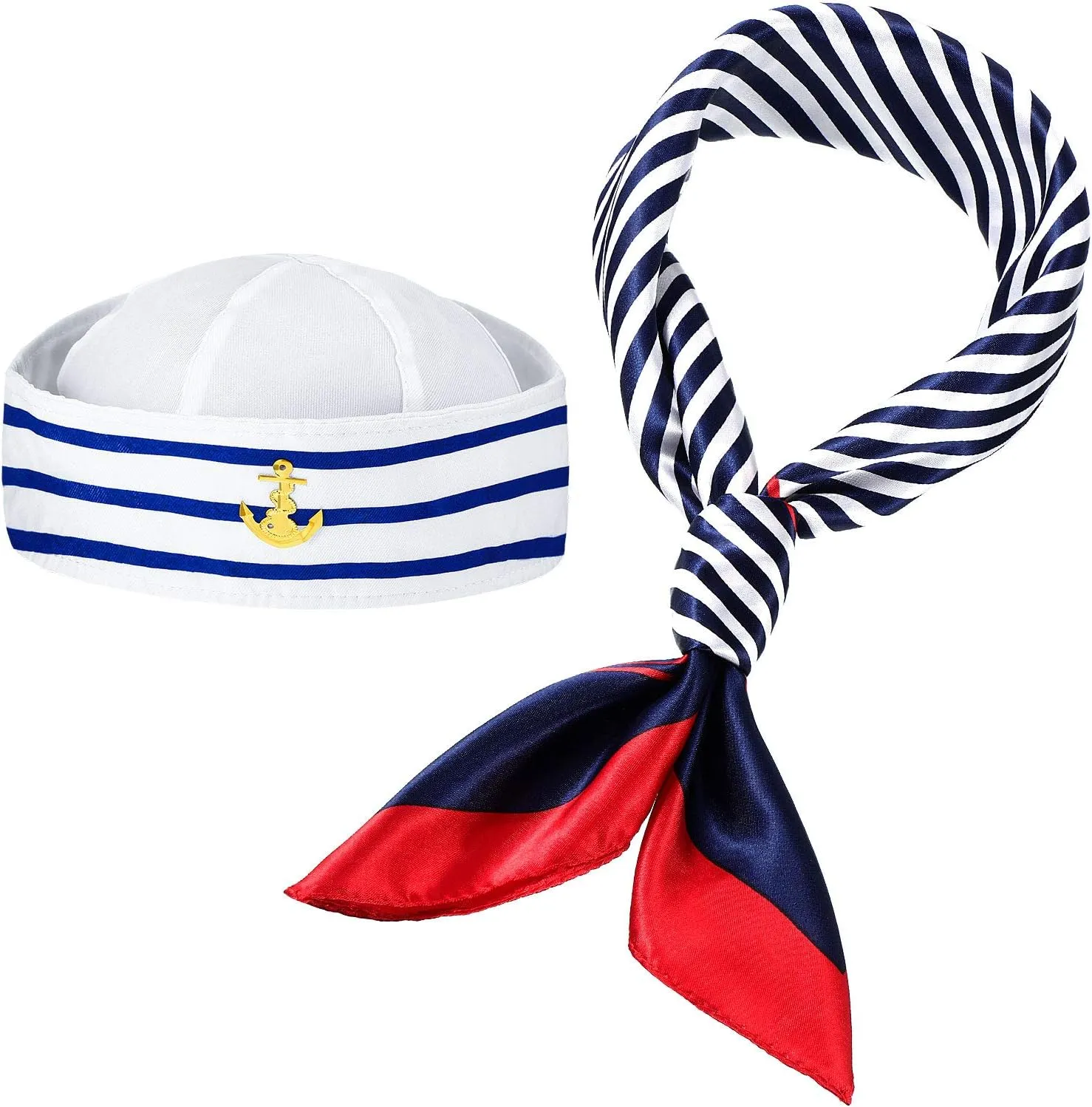 Geyoga Sailor Hat and Scarf Set for Women Men Sailor Outfit with White Sailor Cap Captain Hat Scarf for Costume Accessory