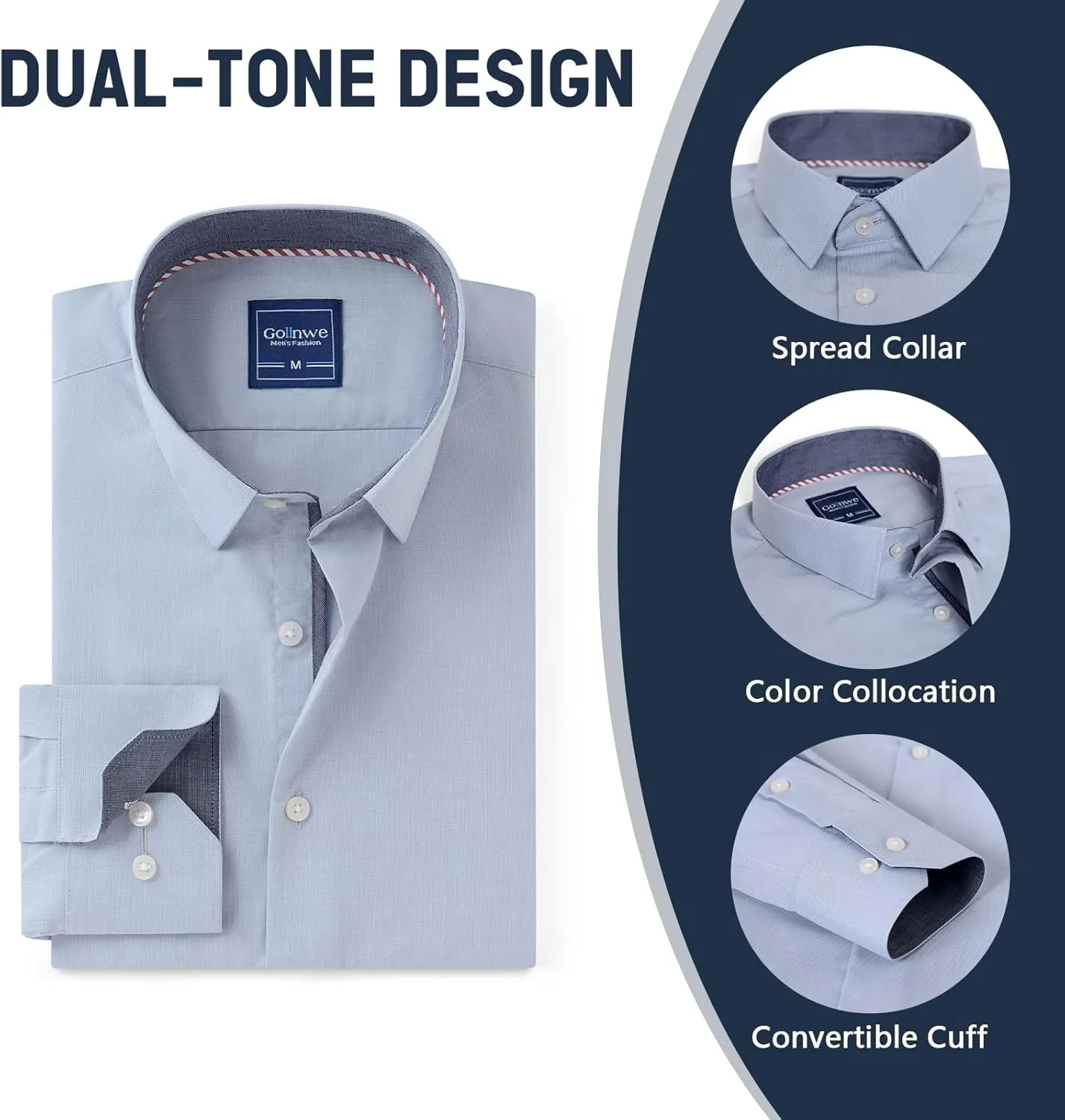Gollnwe Men's Dress Shirts Long Sleeve Shirt White Button Down Shirt for Men Bussiness Casual