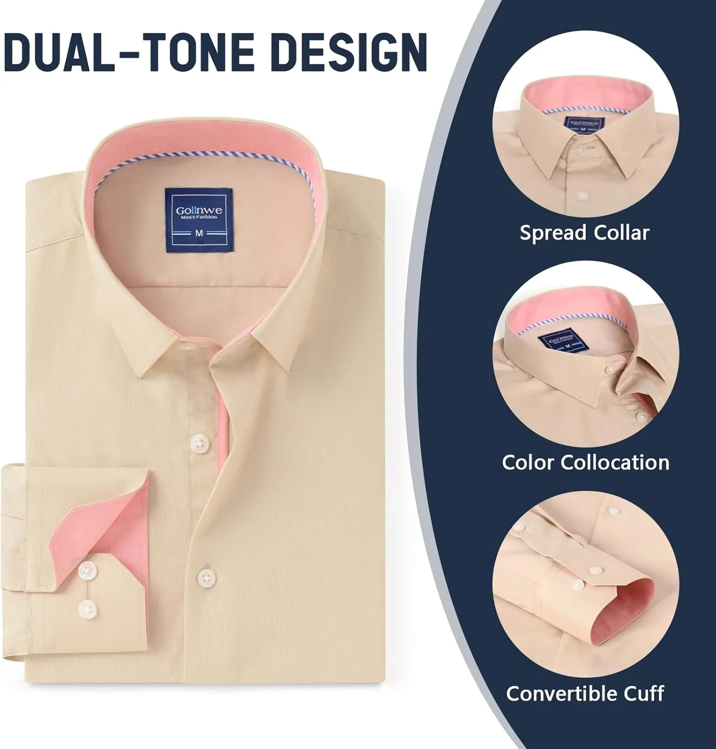 Gollnwe Men's Dress Shirts Long Sleeve Shirt White Button Down Shirt for Men Bussiness Casual
