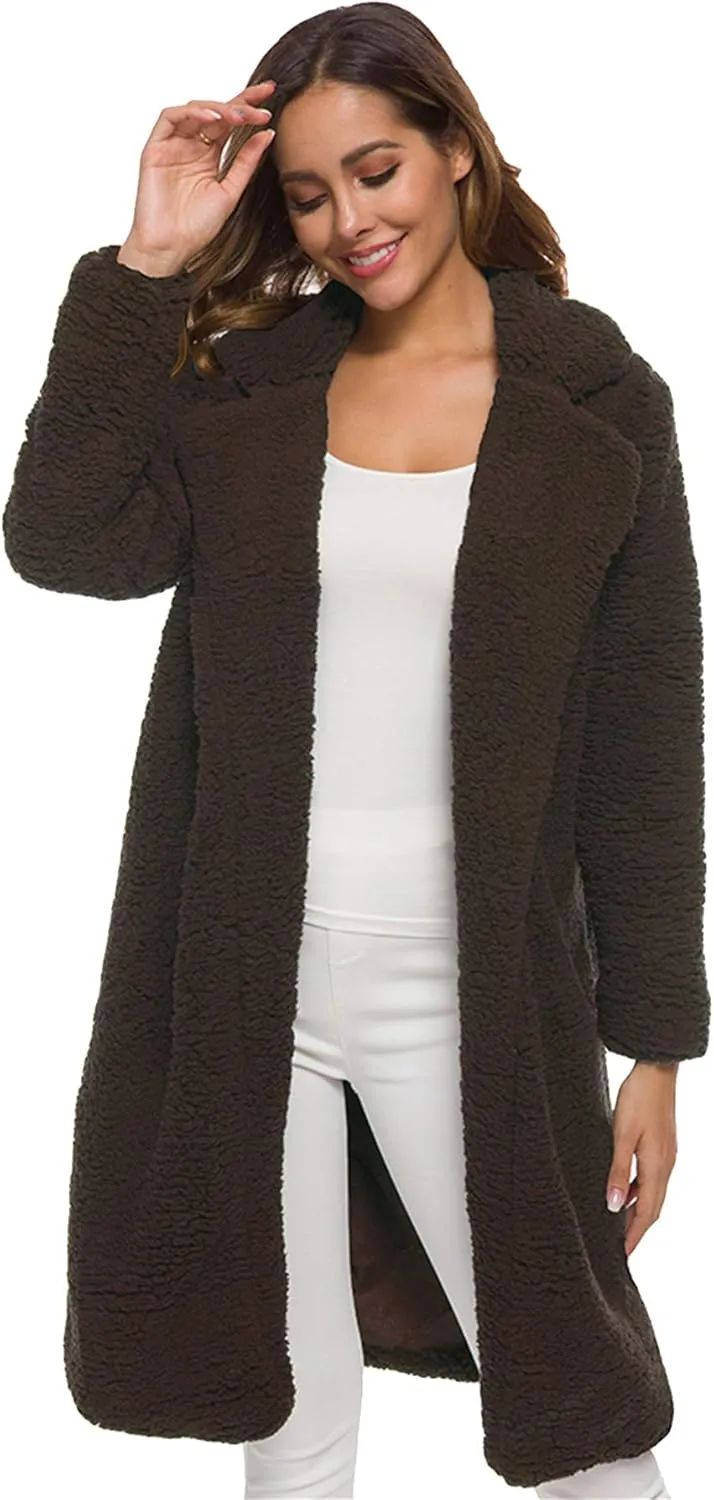 GRASWE Women Winter Cozy Top Coats Long Sleeve Warm Lapel Jacket Fashion Medium Length Solid Color Coats