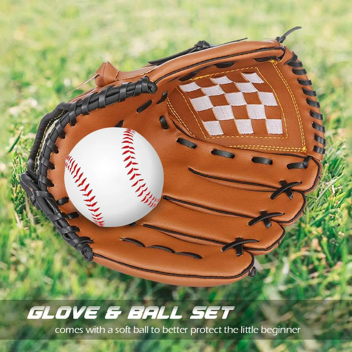 GROOFOO Baseball Glove and Ball for Kids Youth Adults Softball Teeball Training Left/Right Hand Glove with Soft Ball Set Brown/Black/Pink