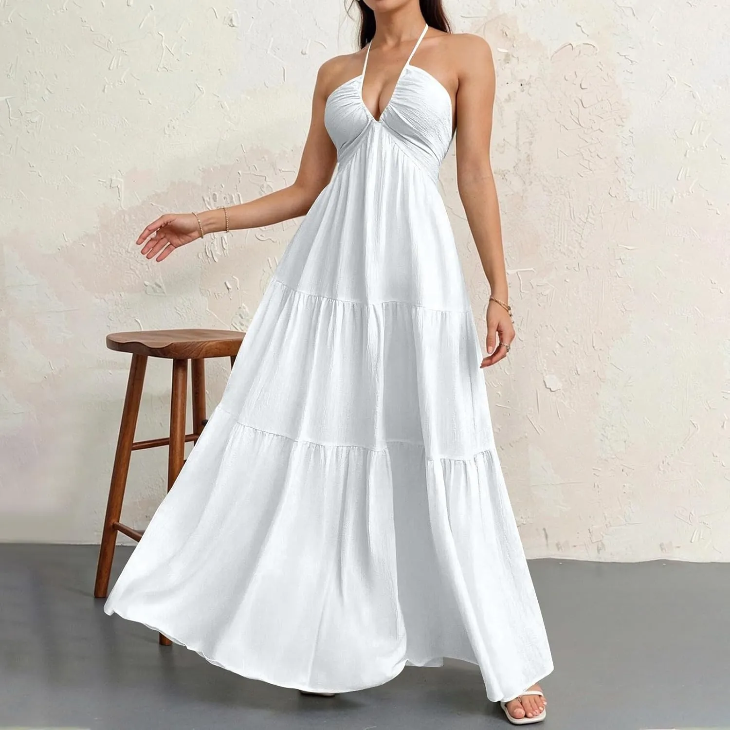 Halter Maxi Dresses for Women 2025 Elegant Classy a Line Prom Dress Tea Party Spaghetti Strap Low Cut Cocktail Dress