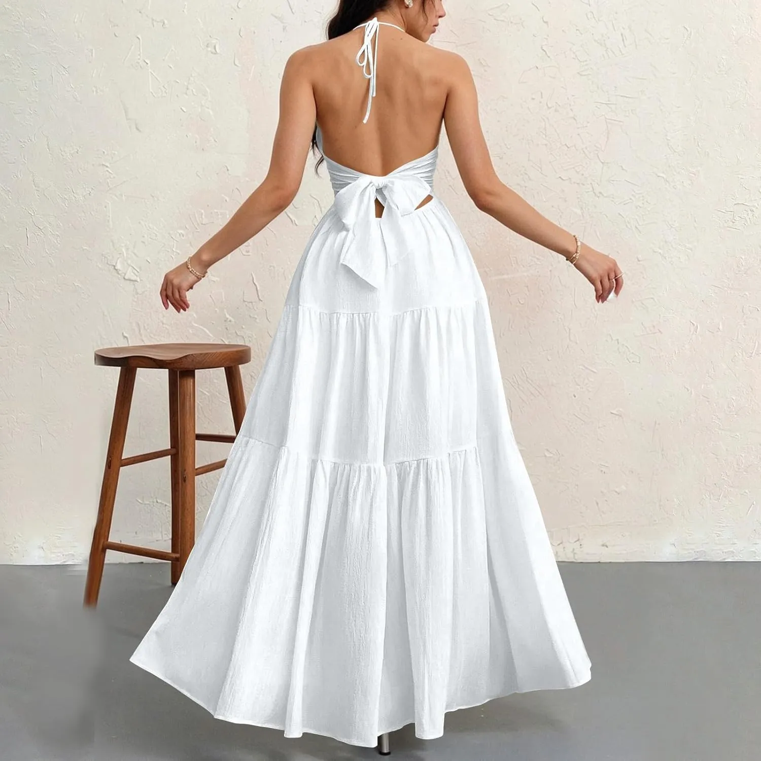 Halter Maxi Dresses for Women 2025 Elegant Classy a Line Prom Dress Tea Party Spaghetti Strap Low Cut Cocktail Dress