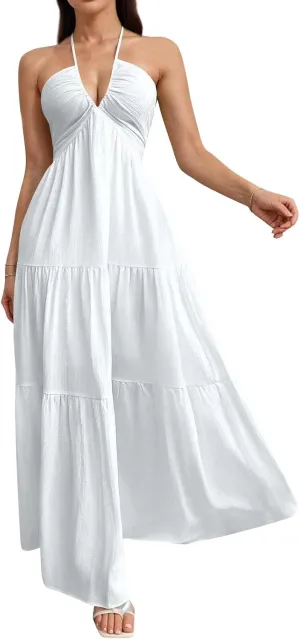 Halter Maxi Dresses for Women 2025 Elegant Classy a Line Prom Dress Tea Party Spaghetti Strap Low Cut Cocktail Dress