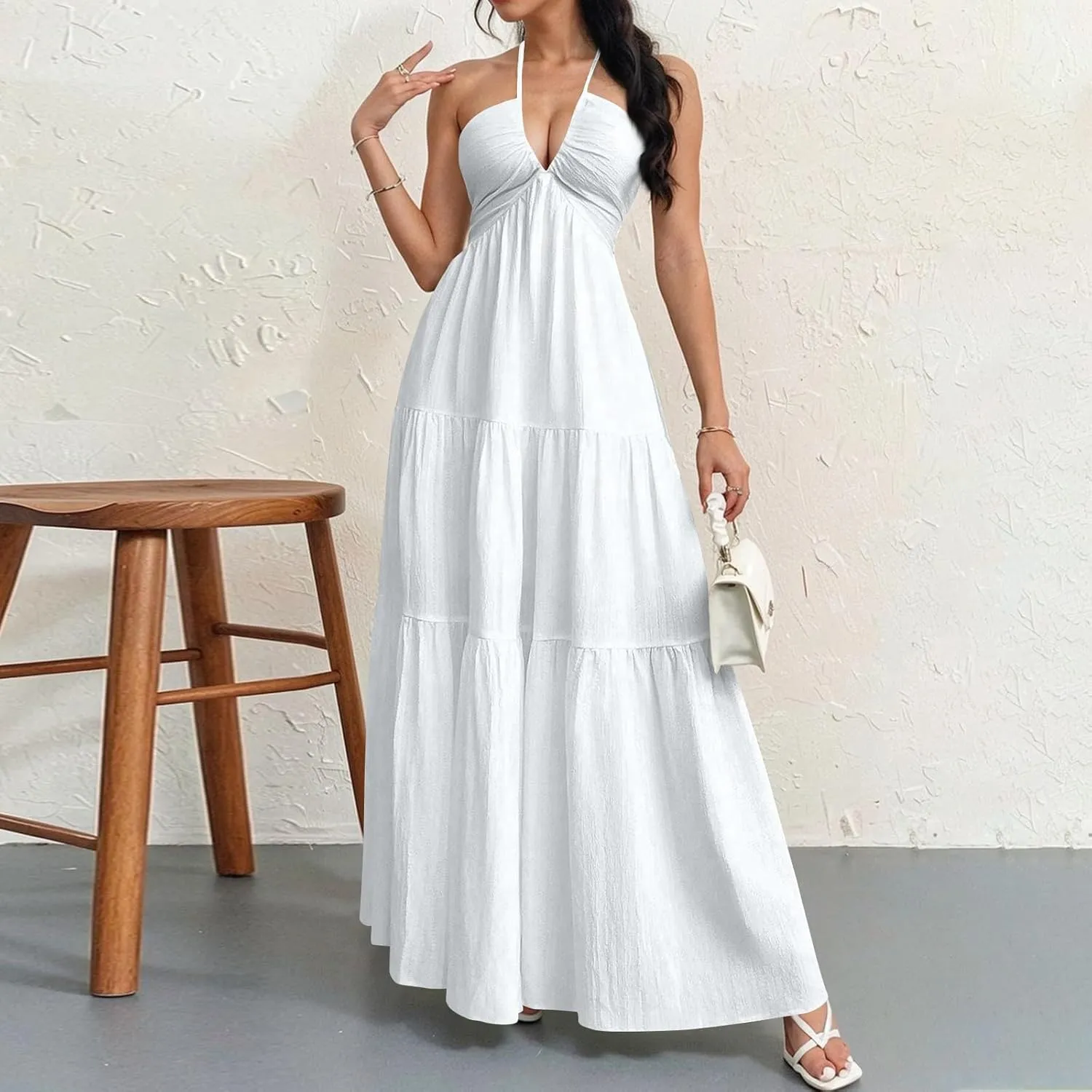 Halter Maxi Dresses for Women 2025 Elegant Classy a Line Prom Dress Tea Party Spaghetti Strap Low Cut Cocktail Dress