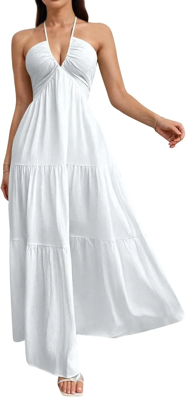 Halter Maxi Dresses for Women 2025 Elegant Classy a Line Prom Dress Tea Party Spaghetti Strap Low Cut Cocktail Dress