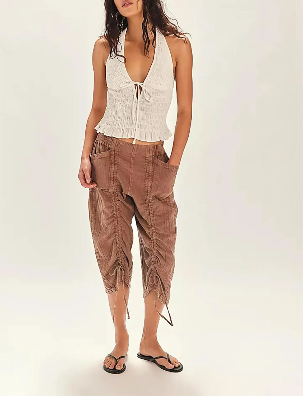 Halter Tops for Women Y2k Shirred Summer Tops Ruffle Tie Front Shirts Smocked Cami Crop Tops Sleeveless Going Out Tops