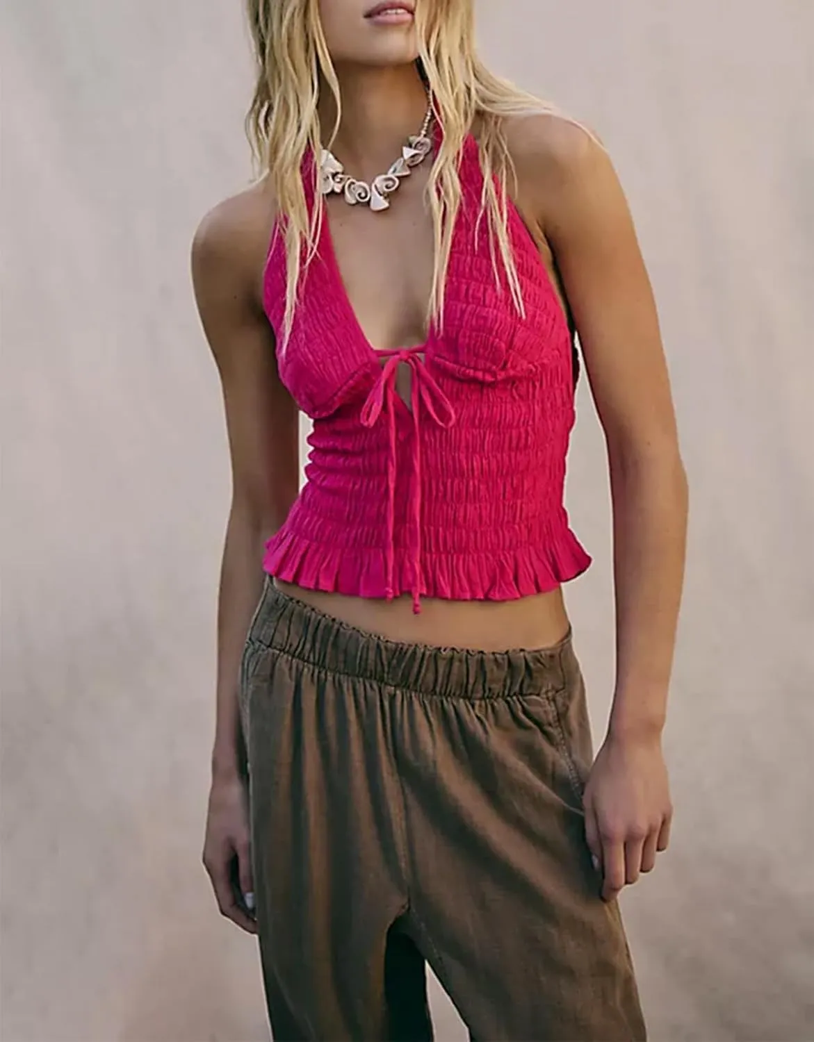 Halter Tops for Women Y2k Shirred Summer Tops Ruffle Tie Front Shirts Smocked Cami Crop Tops Sleeveless Going Out Tops