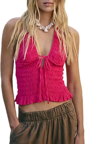 Halter Tops for Women Y2k Shirred Summer Tops Ruffle Tie Front Shirts Smocked Cami Crop Tops Sleeveless Going Out Tops