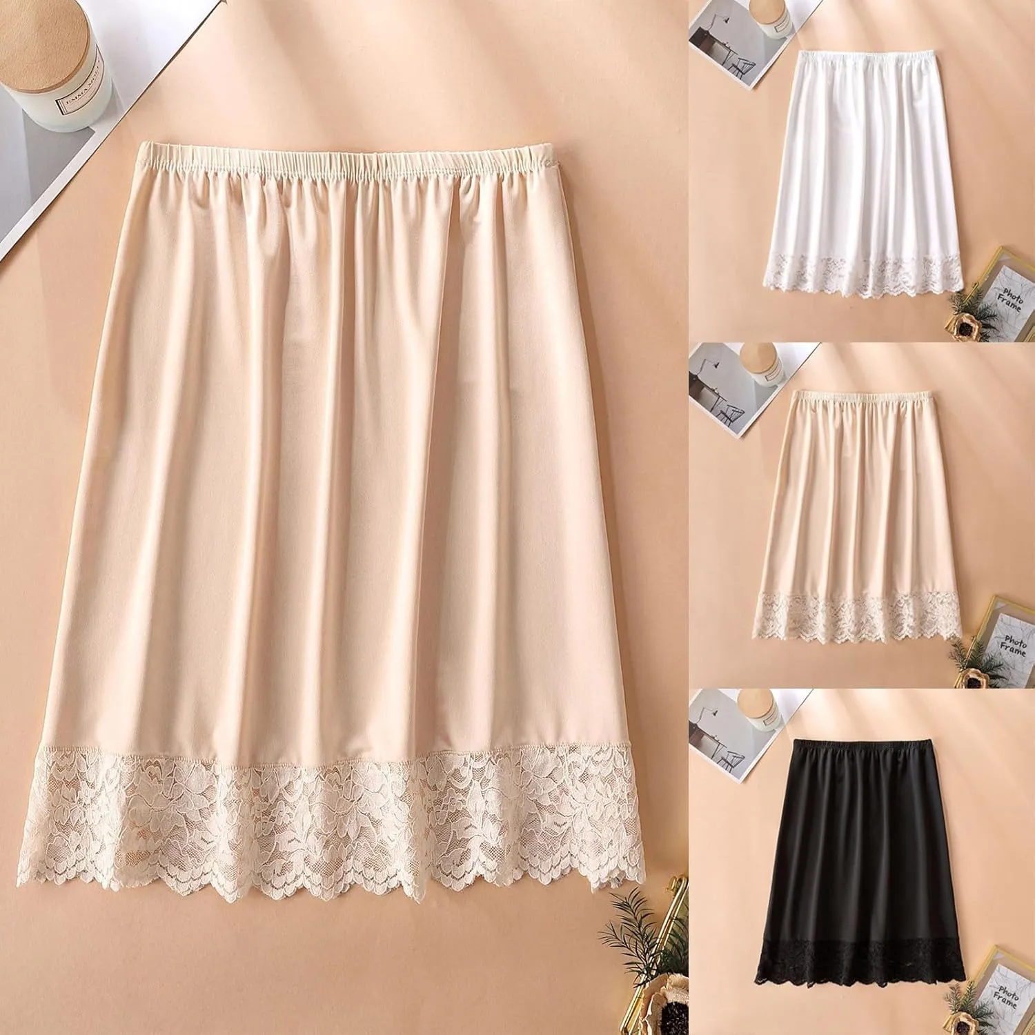 HGps8w Half Slips for Women Underskirt Short Lace Trim Knee Length Solid Color Half Slip