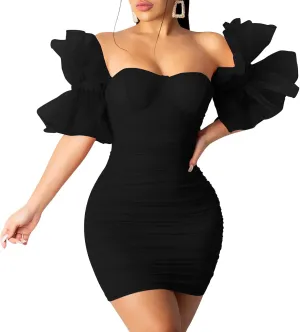 hibshaby Women Sexy Bodycon Dress Puff Sleeve Cocktail Evening Party Elegant Mini Dresses