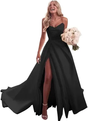 homdor Strapless Prom Dresses Long Ball Gown Satin Wedding Dress for Bride A Line Formal Evening Party Gowns with Slit