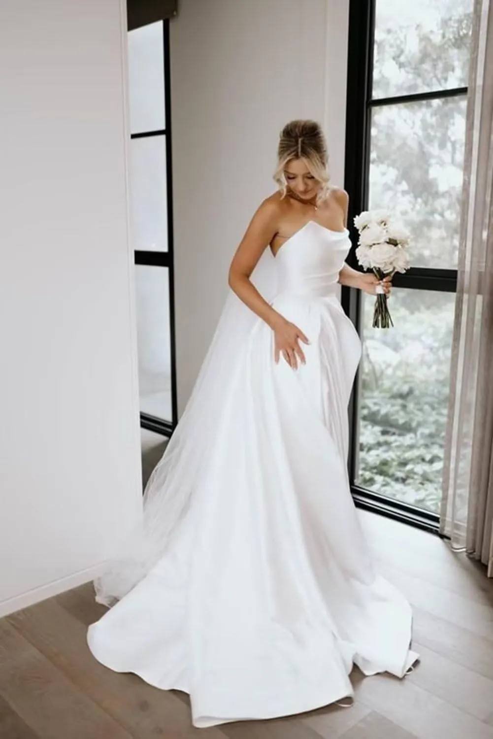 homdor Strapless Prom Dresses Long Ball Gown Satin Wedding Dress for Bride A Line Formal Evening Party Gowns with Slit