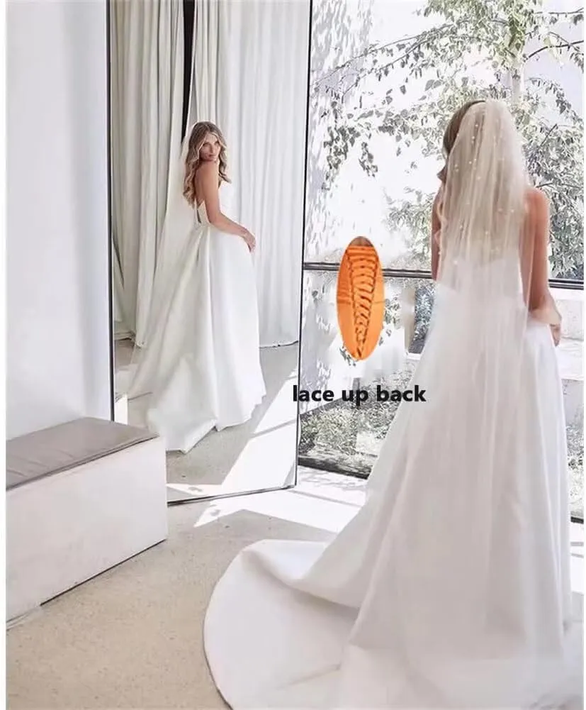 homdor Strapless Prom Dresses Long Ball Gown Satin Wedding Dress for Bride A Line Formal Evening Party Gowns with Slit