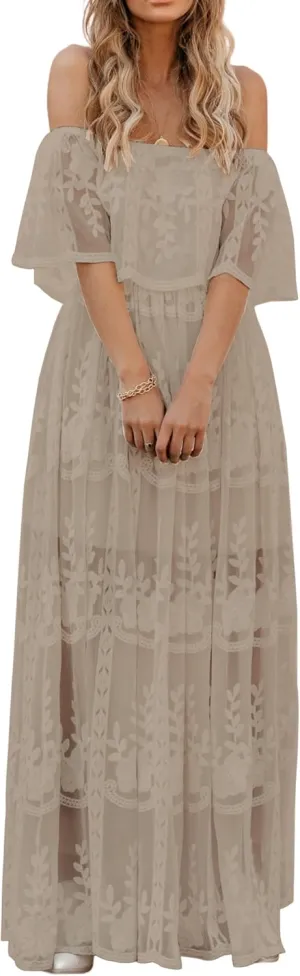 HOYISHION Women's Off The Shoulder Floral Lace Maxi Dress White Bridesmaid Wedding Party Maternity Photoshoot Long Dresses